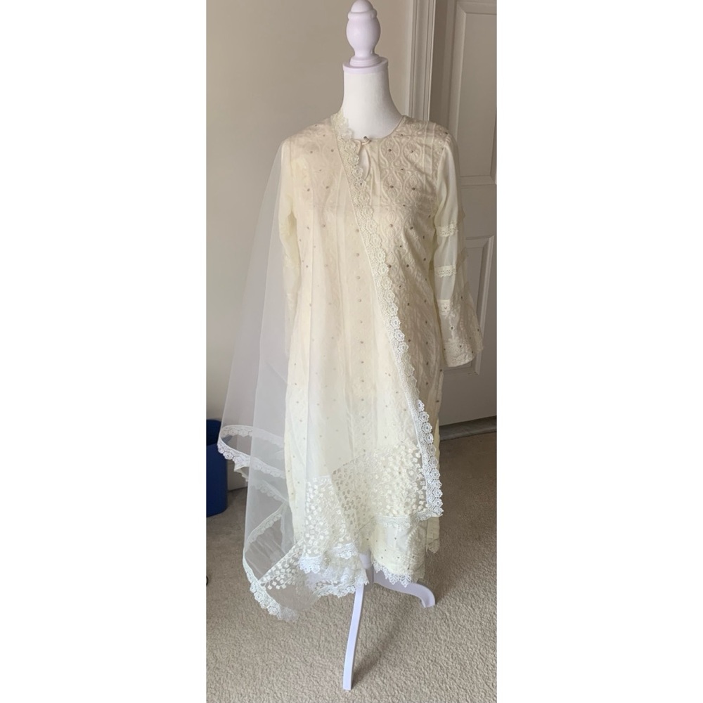 Cream Embroidered Shalwar Kameez with Sheer Overlay